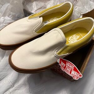 Vans Cream and Yellow Slip-On Sneakers